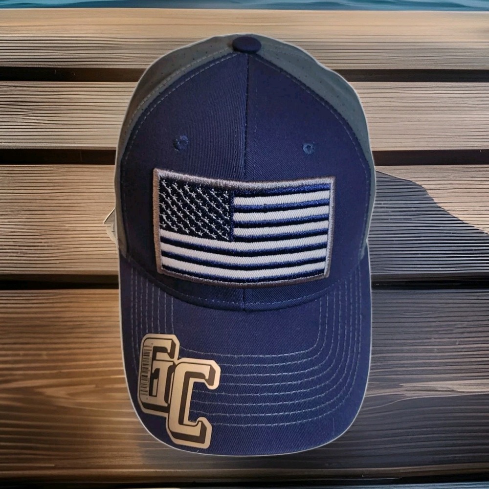 American Flag Baseball Hat Breathable Strap Back OS Blue and Gray Patriotic